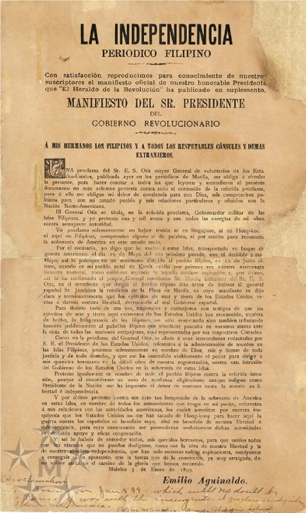 1899 Manifesto Asserting Independence: A Document That Hinted A Brewing Conflict