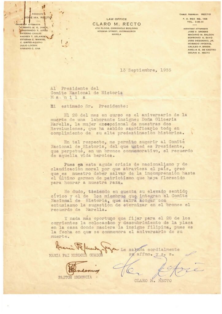 Original Letter of Claro M. Recto, Maria Paz Mendoza-Guazon and  Pastor Endencia to the Philippine Historical Committee Advocating  for a Bronze Marker to Honor Gliceria Marella de Villavicencio